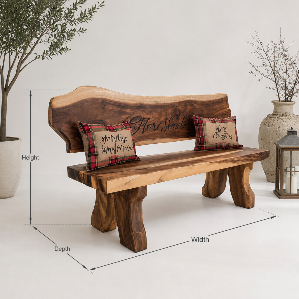 Rustic solid wood handmade live edge wooden bench for garden entryway