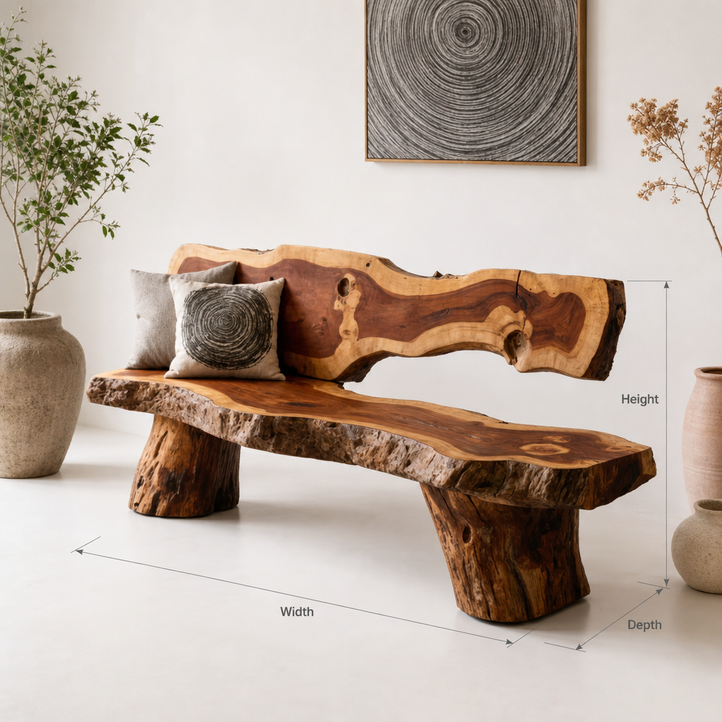 Handmade solid natural slab live edge wooden bench with sturdy backrest