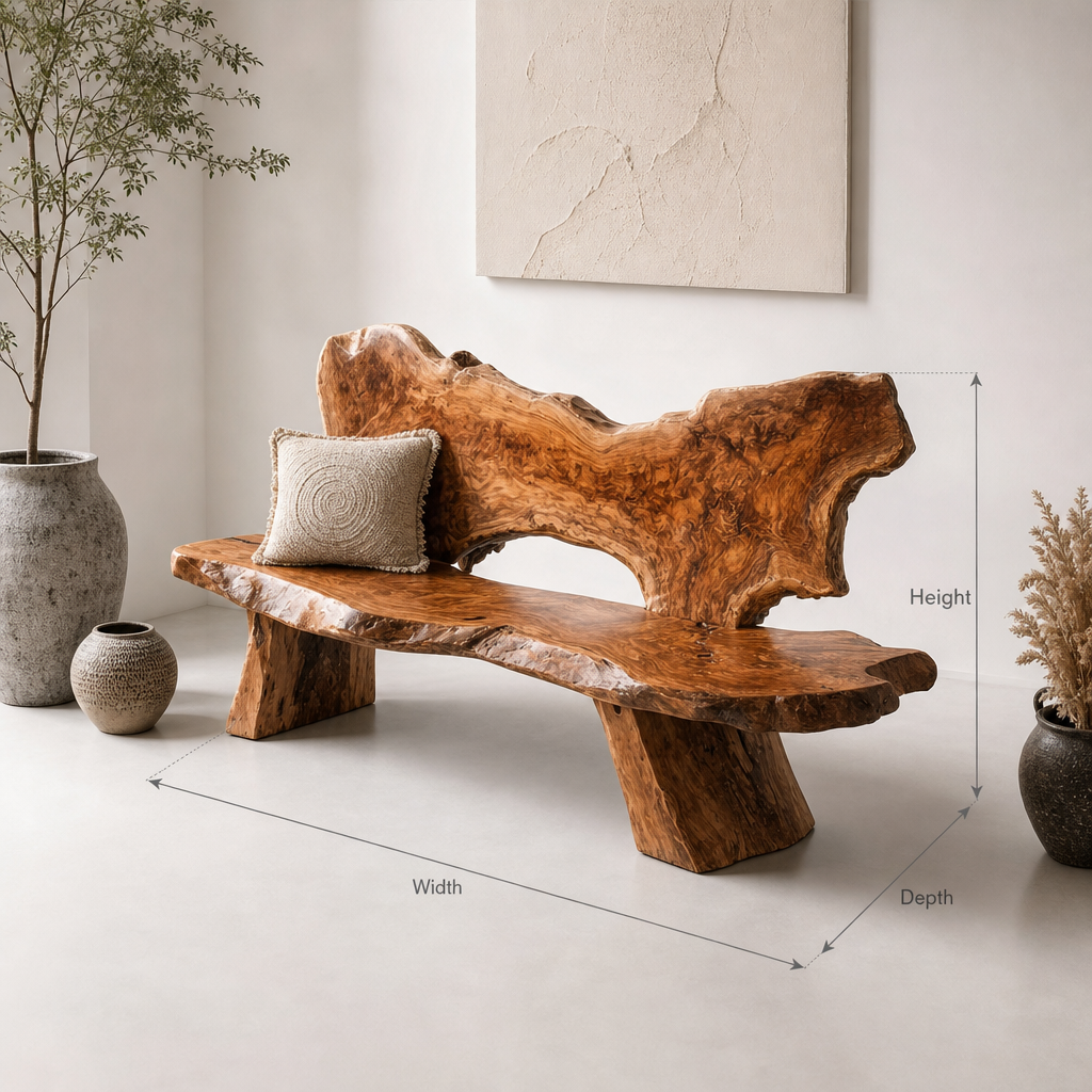 Handmade solid natural slab live edge wooden bench with comfortable backrest