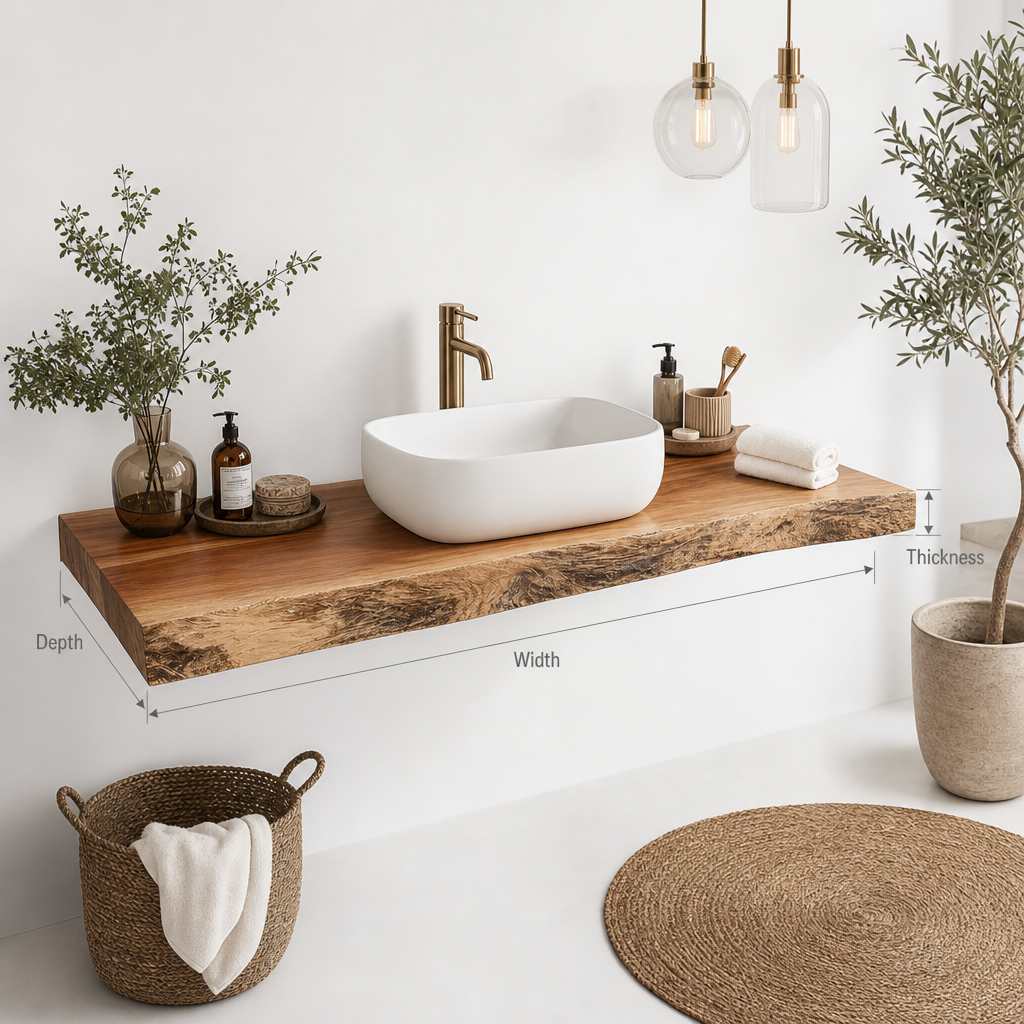Handmade Reclaimed Wood Floating Vanity – Rustic Live Edge Bathroom Shelf