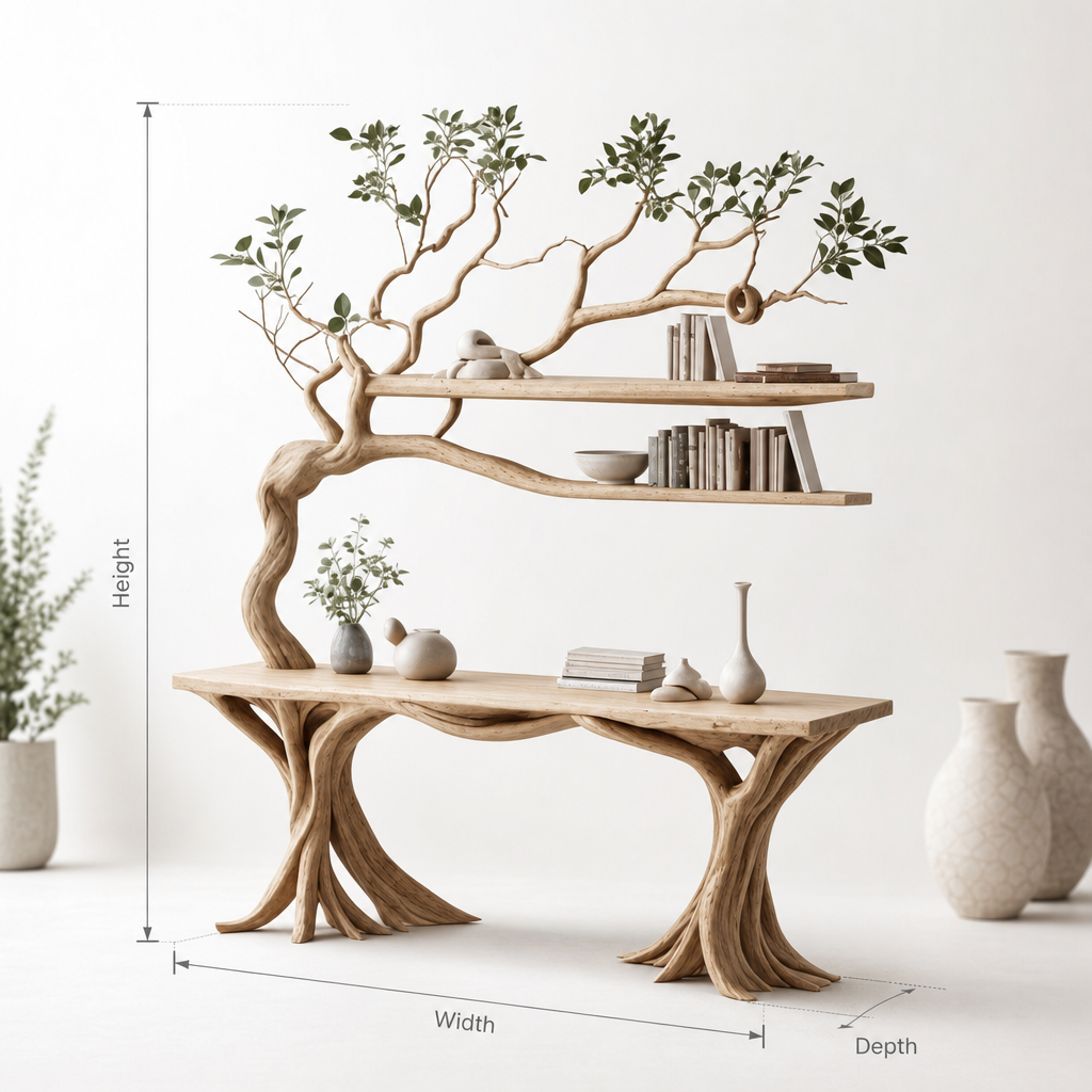 Handmade Rustic Console Table with Tree Branch Bookshelf – Live Edge Farmhouse Entryway Table, Natural Wood