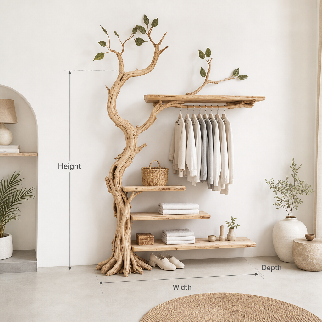 Handmade Rustic Tree Coat Rack – Wall Mounted Wooden Hanger with Shelves