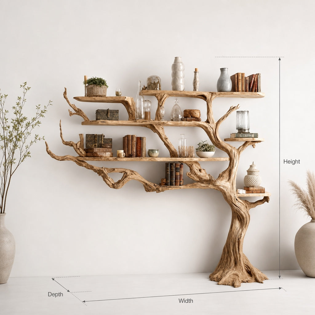 Handmade Tree Bookshelf – Large Wooden Branch Bookcase for Rustic Home Decor