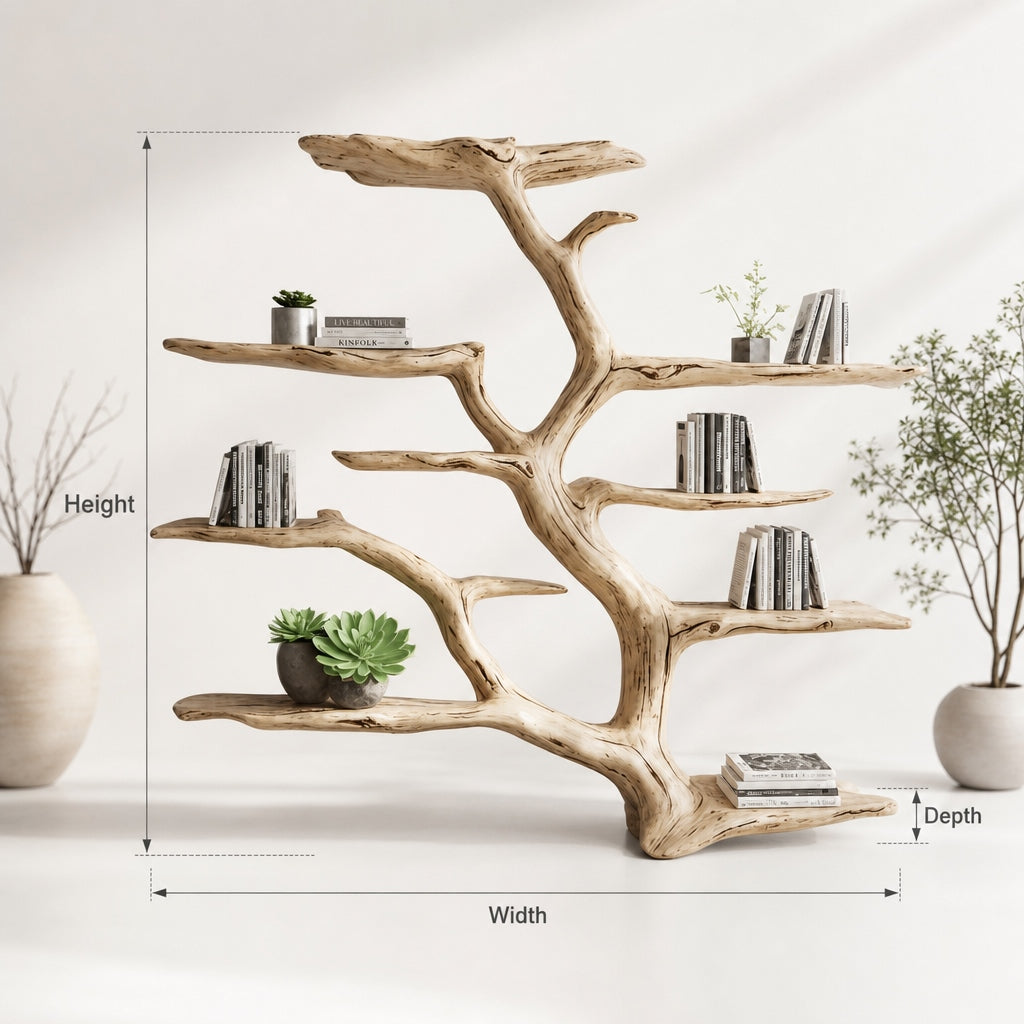Handmade Tree Bookshelf – Live Edge Wooden Bookcase, Rustic Natural Wood Wall Decor