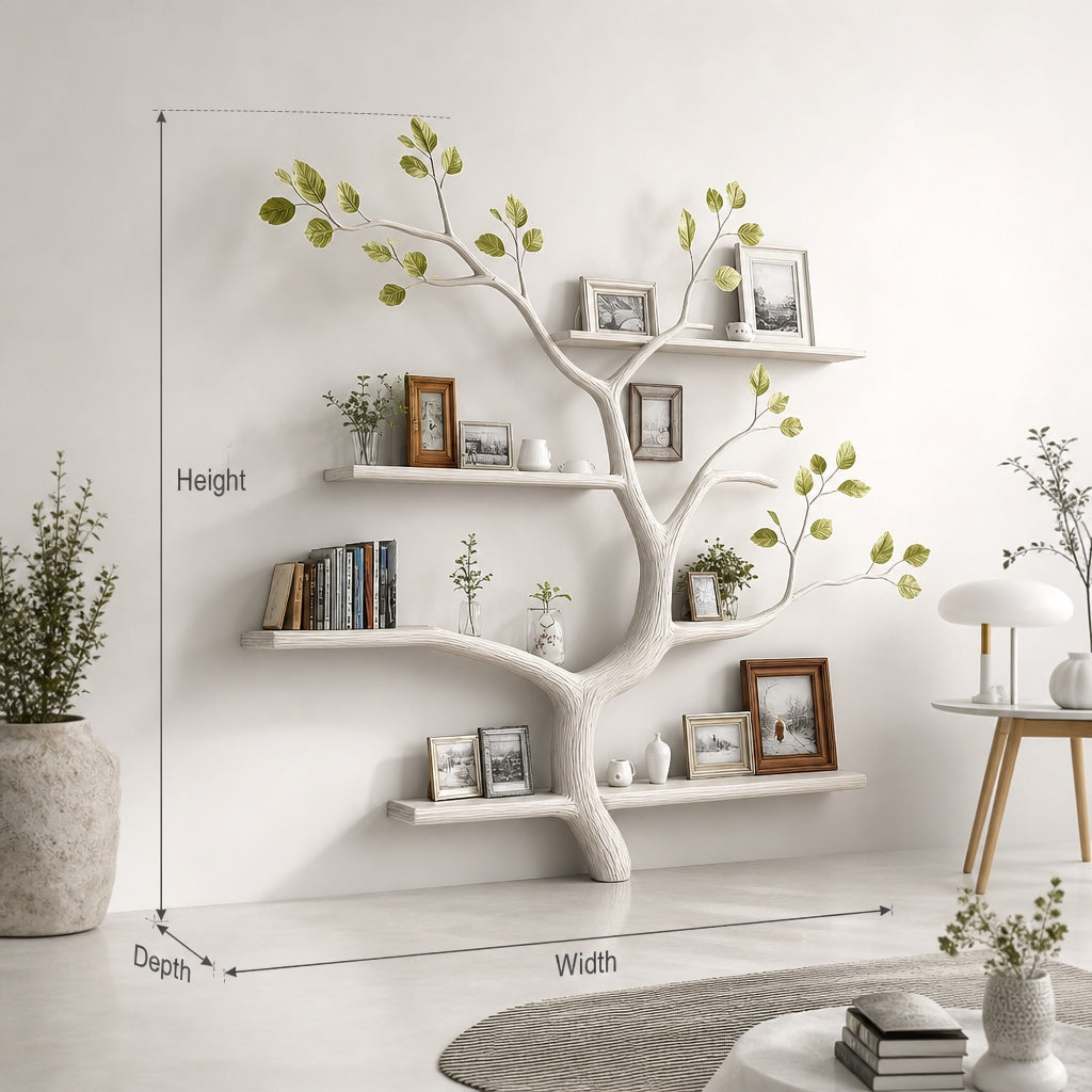 Floating tree bookshelf with handmade branch styling mounted securely on a wall