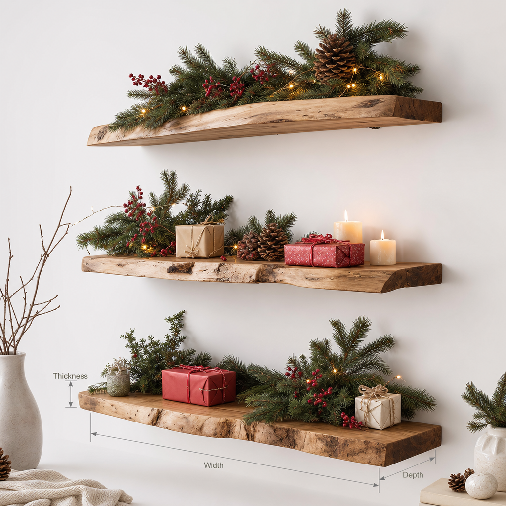 Handmade Wavy Live Edge Floating Shelf – Carved Wood Wall Shelf Art for Home Decoration