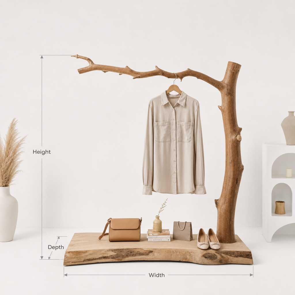 Handmade wooden standing hanger rack styled in a cozy bedroom