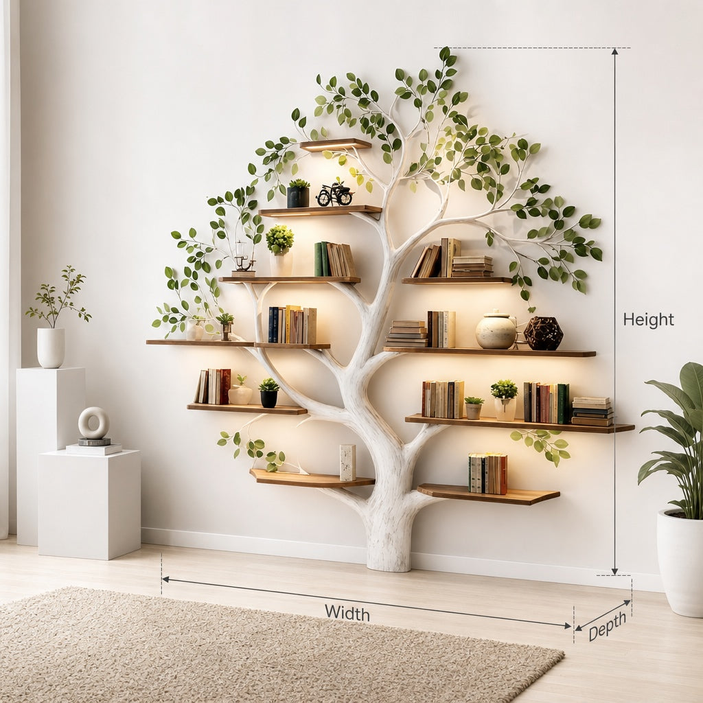 Wooden tree bookshelf handmade as a natural wall bookcase for cozy spaces
