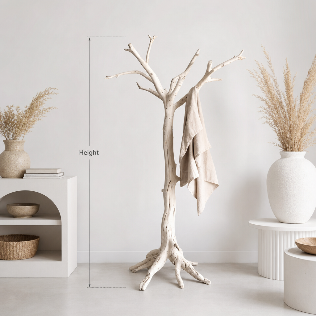 Eco-friendly wooden tree coat rack anchoring a sophisticated lounge