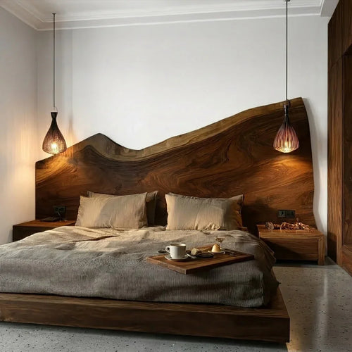 Modern Live Edge Wooden Headboard With Sculptural Design For Bedroom