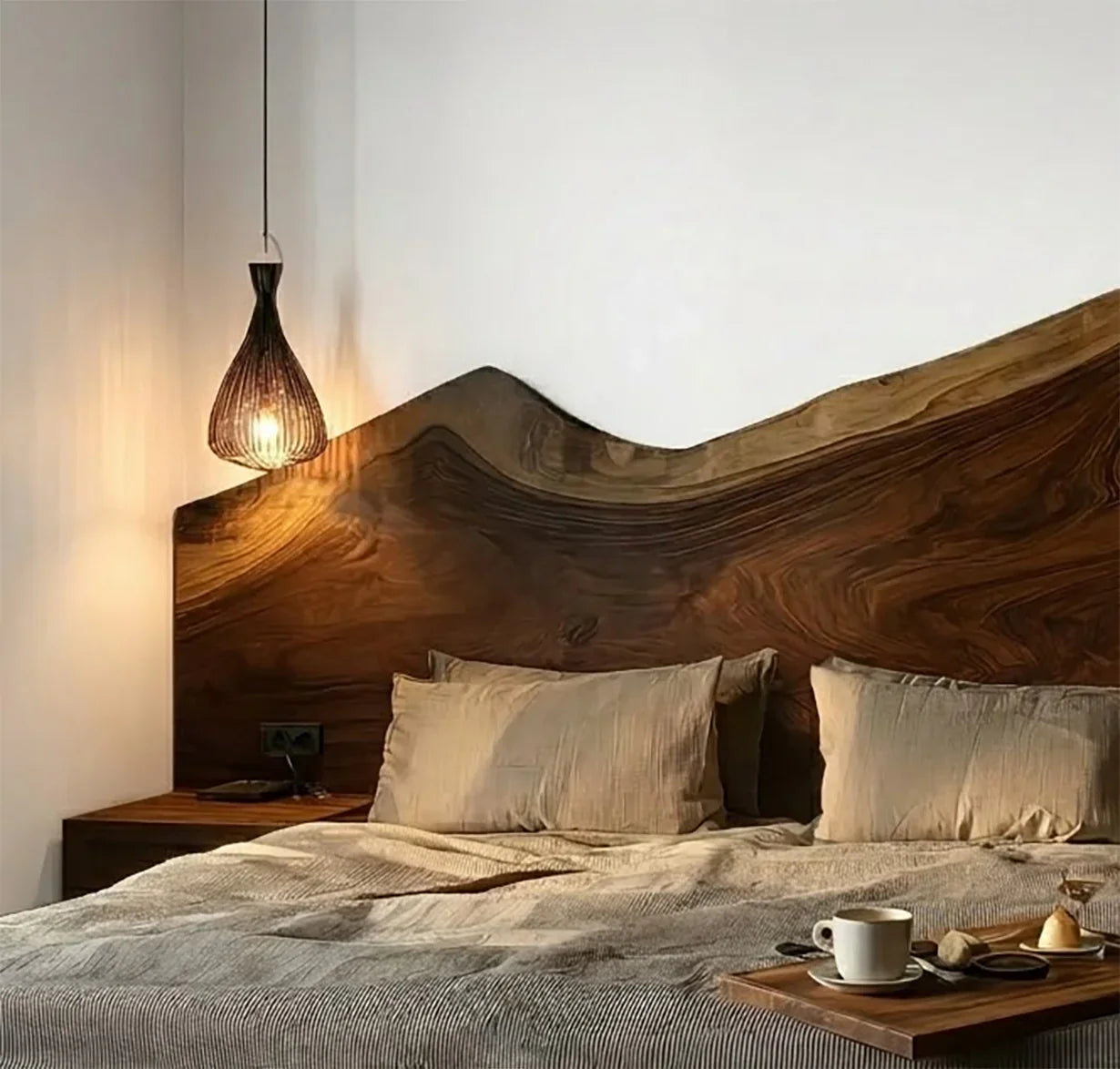 Solid wood headboard with natural live edge for bedroom
