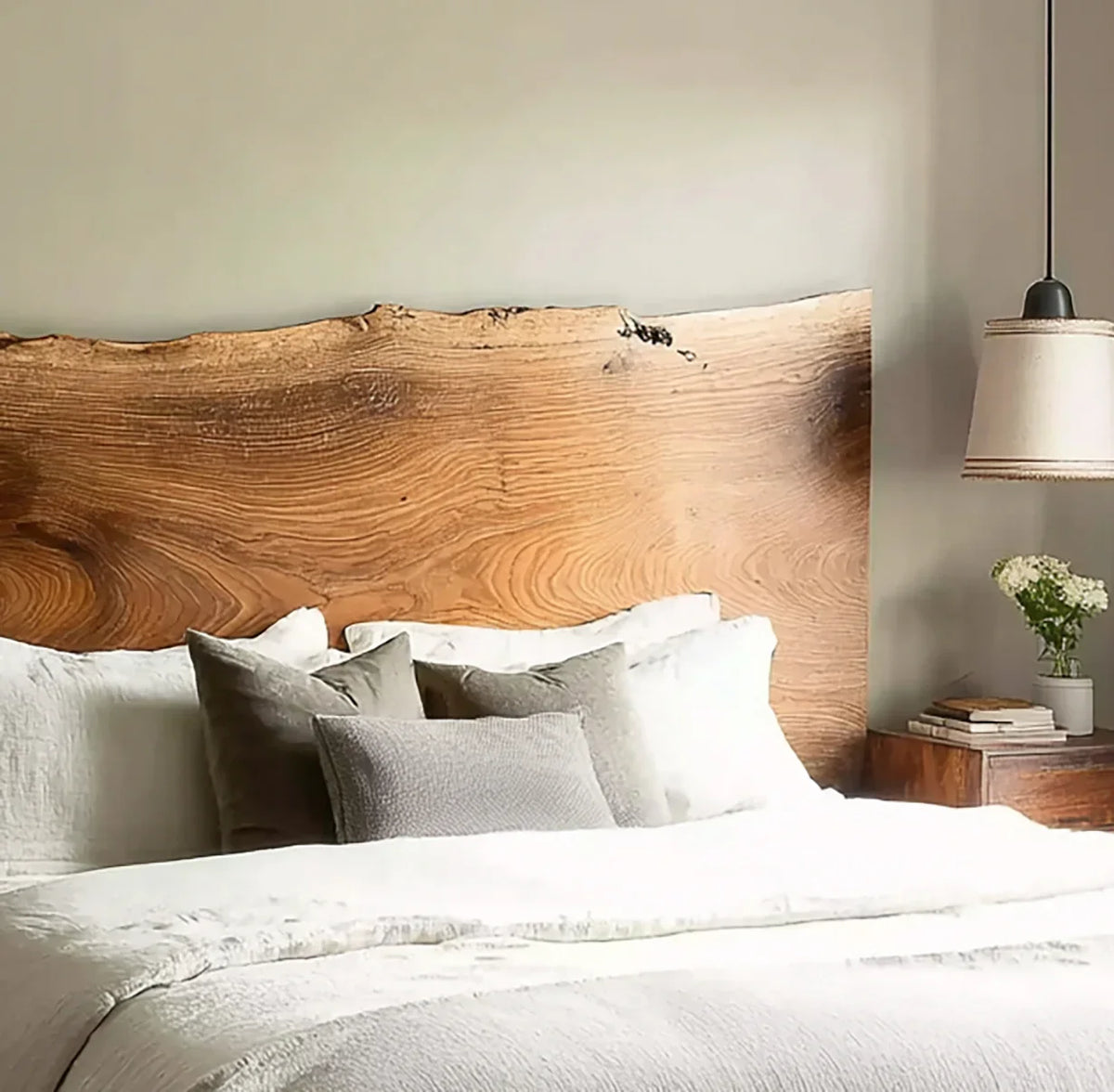 Rustic modern headboard with organic wood texture