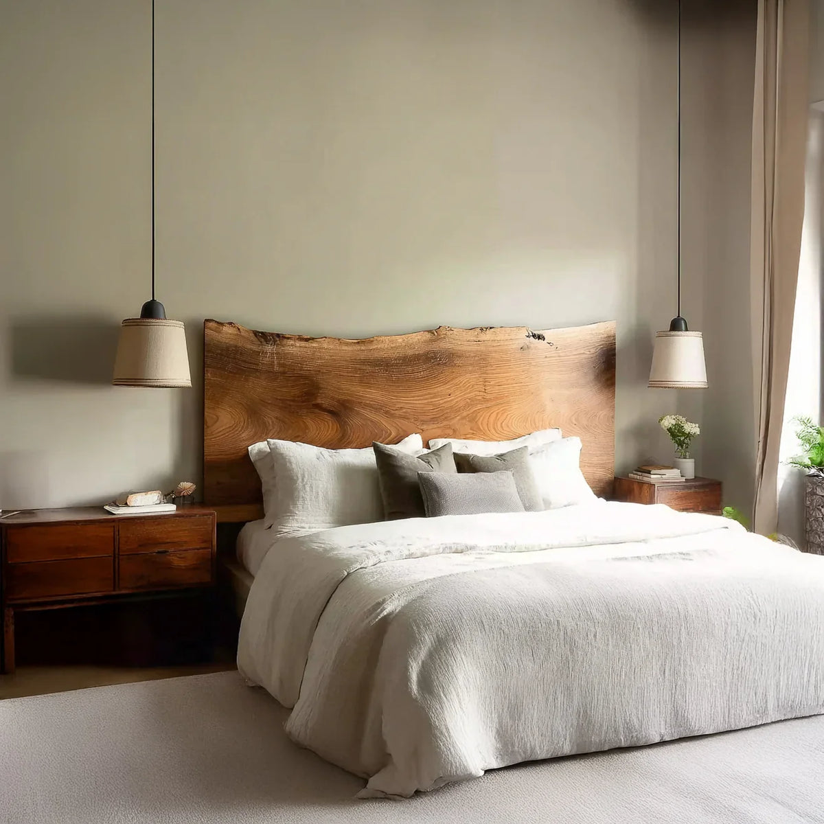 Live edge wooden headboard for timeless bedroom style