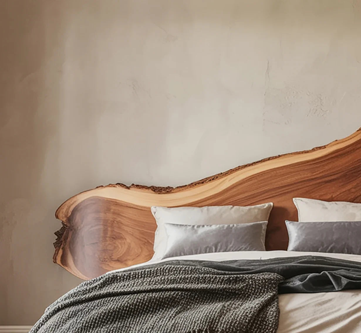 Solid wood headboard with natural live edge design