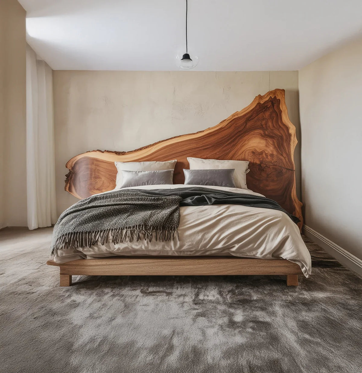 Live edge headboard with organic wood grain texture
