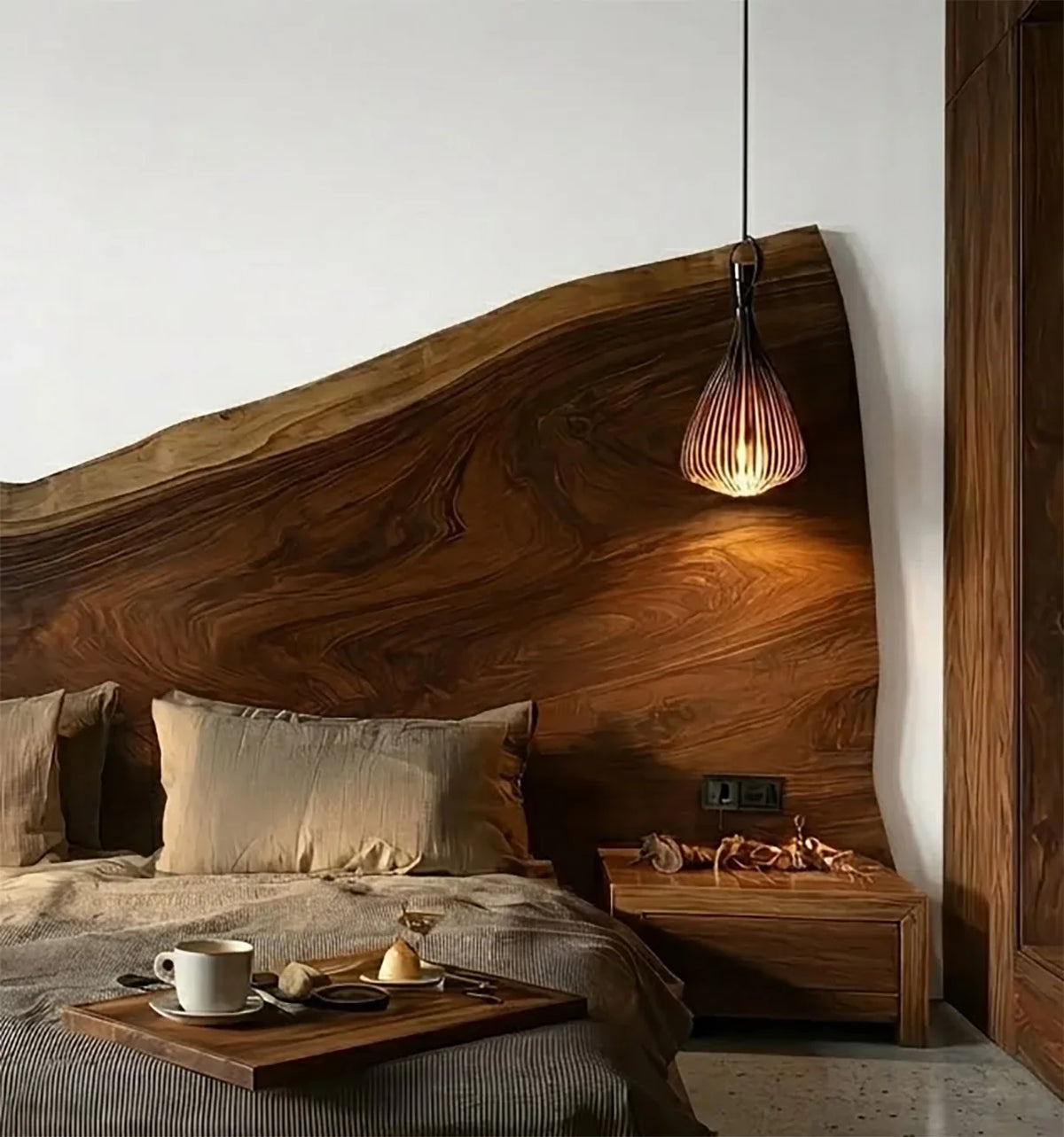 Sculptural wooden headboard for modern bedroom decor