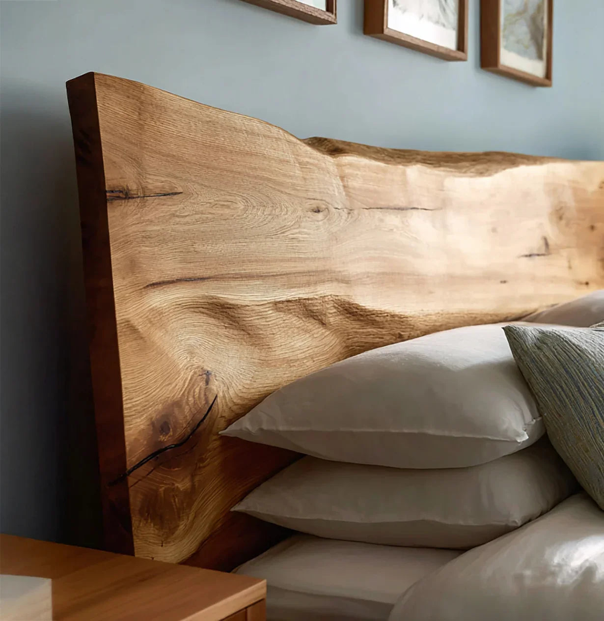 Solid wood headboard with natural live edge design