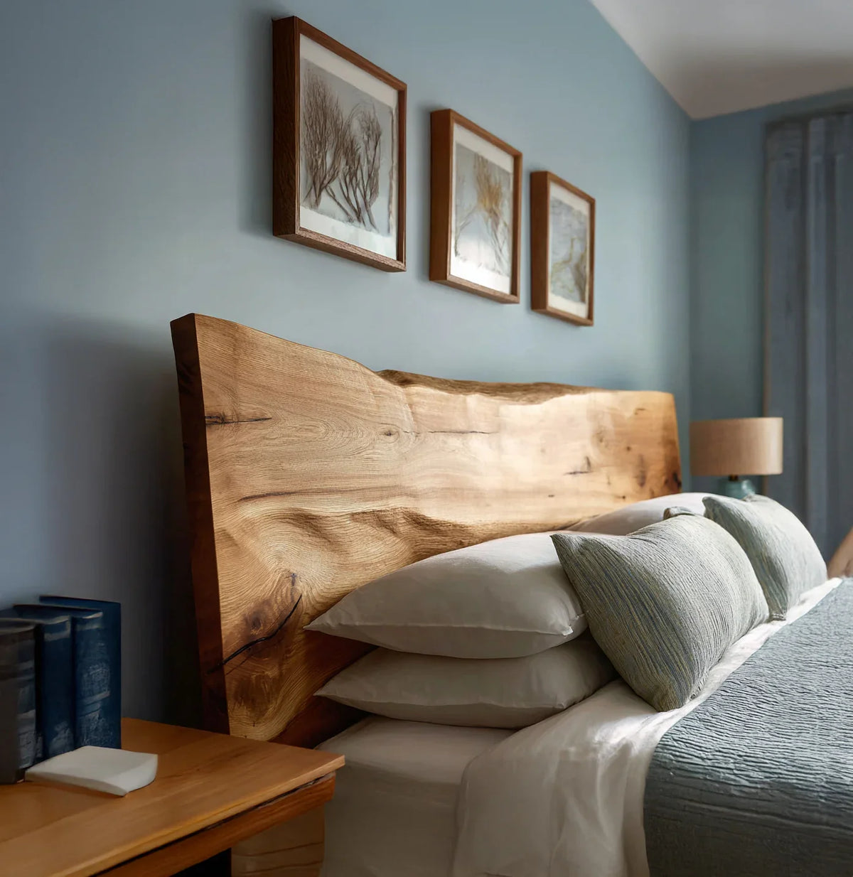 Live edge wood headboard with organic grain texture