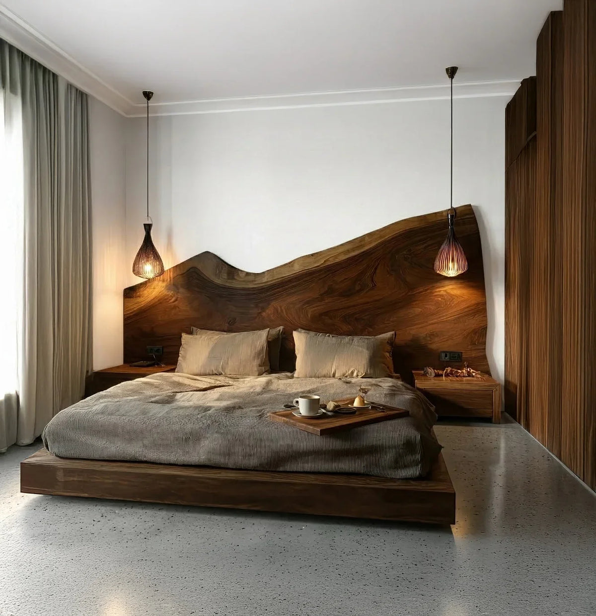 Live edge wood headboard with organic shape design