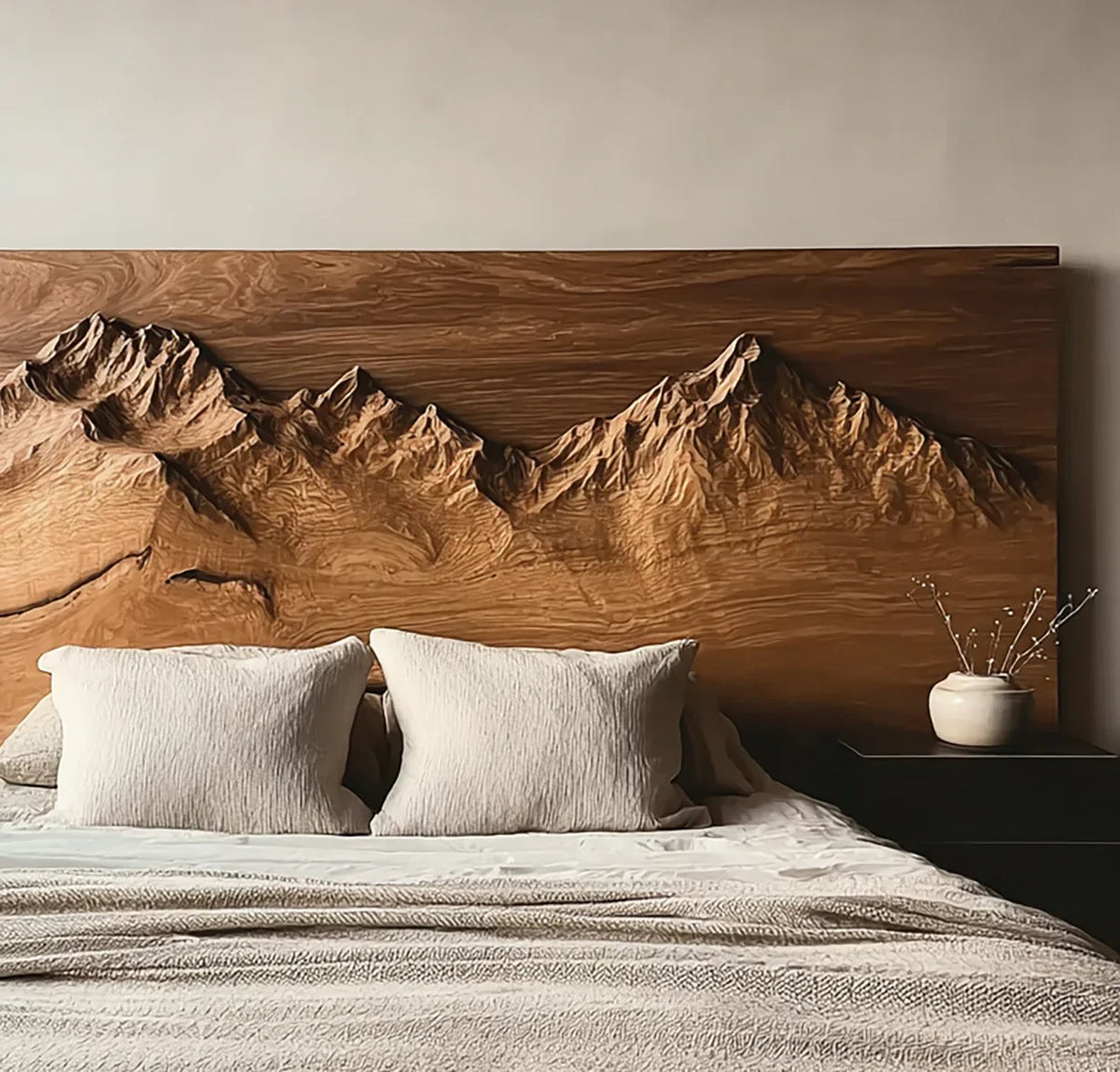 Wooden mountain headboard with natural rustic design