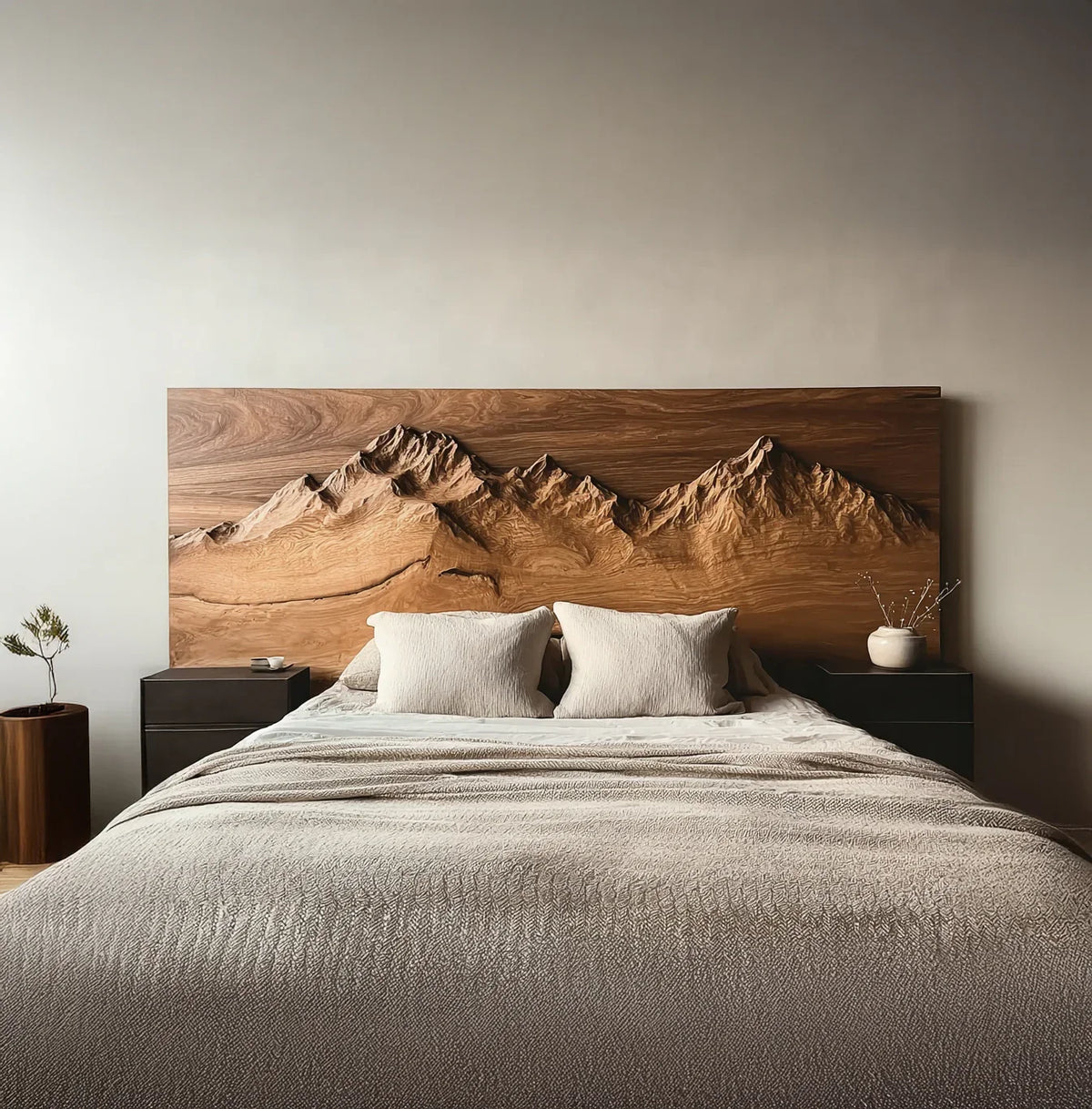 Rustic wood headboard inspired by mountain landscape