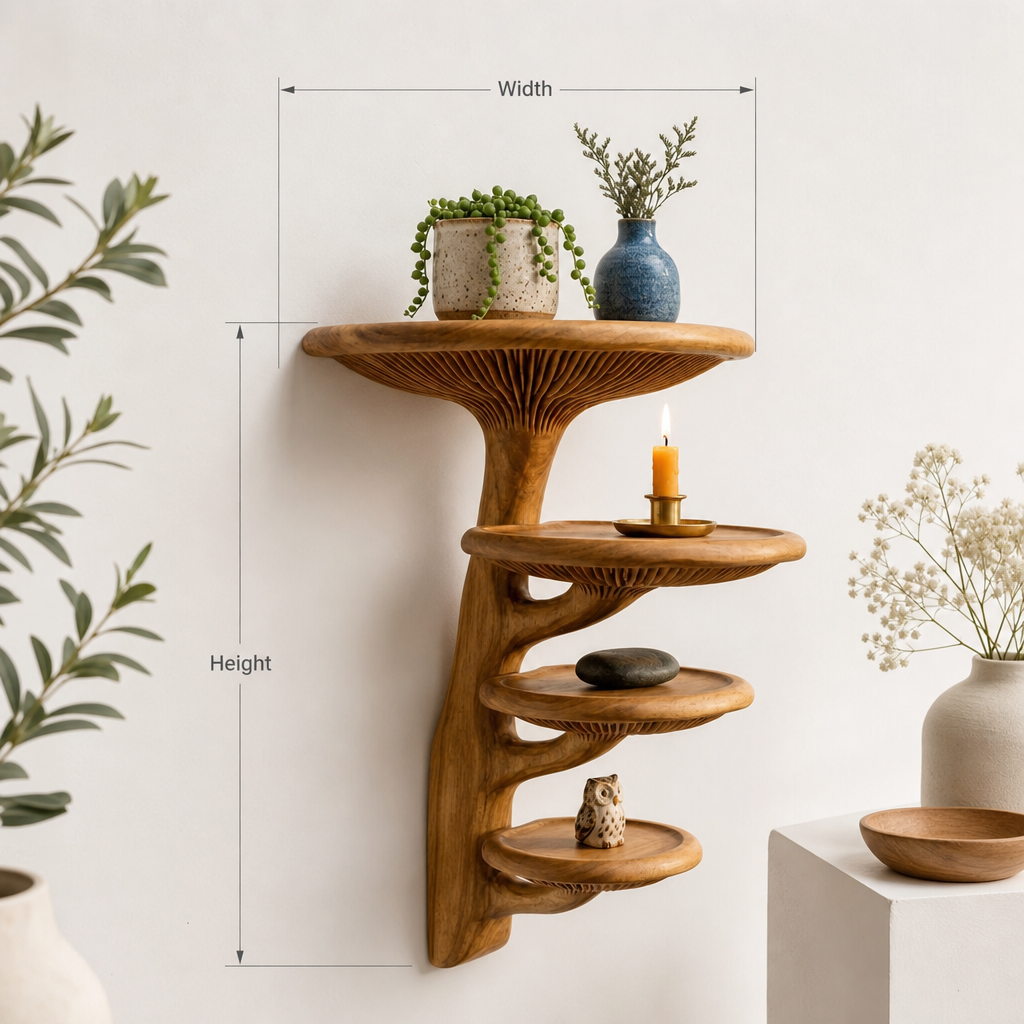 Helical Mushroom Wall Shelf with 4 Graduated Round Platforms - Handcrafted Solid Wood Spiral Staircase Floating Shelf with Front-Facing Gill Carving