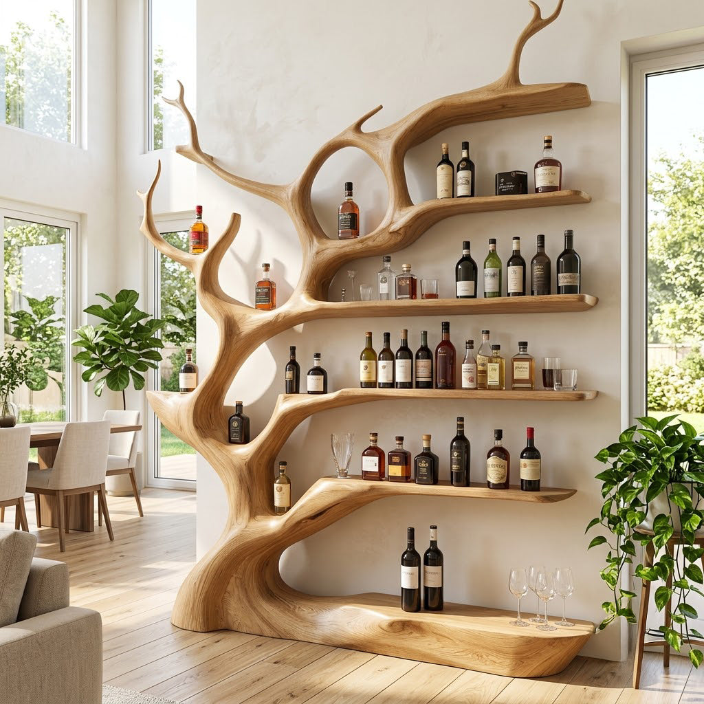Hollow portal branching canopy solid wood wine display shelf in a contemporary dining room