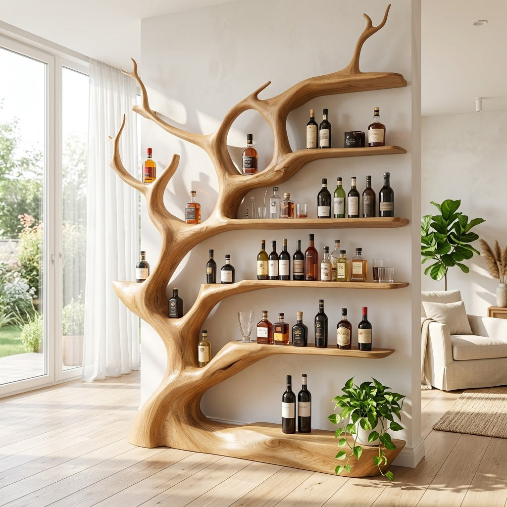 Organic solid wood wine display enhancing a contemporary home interior