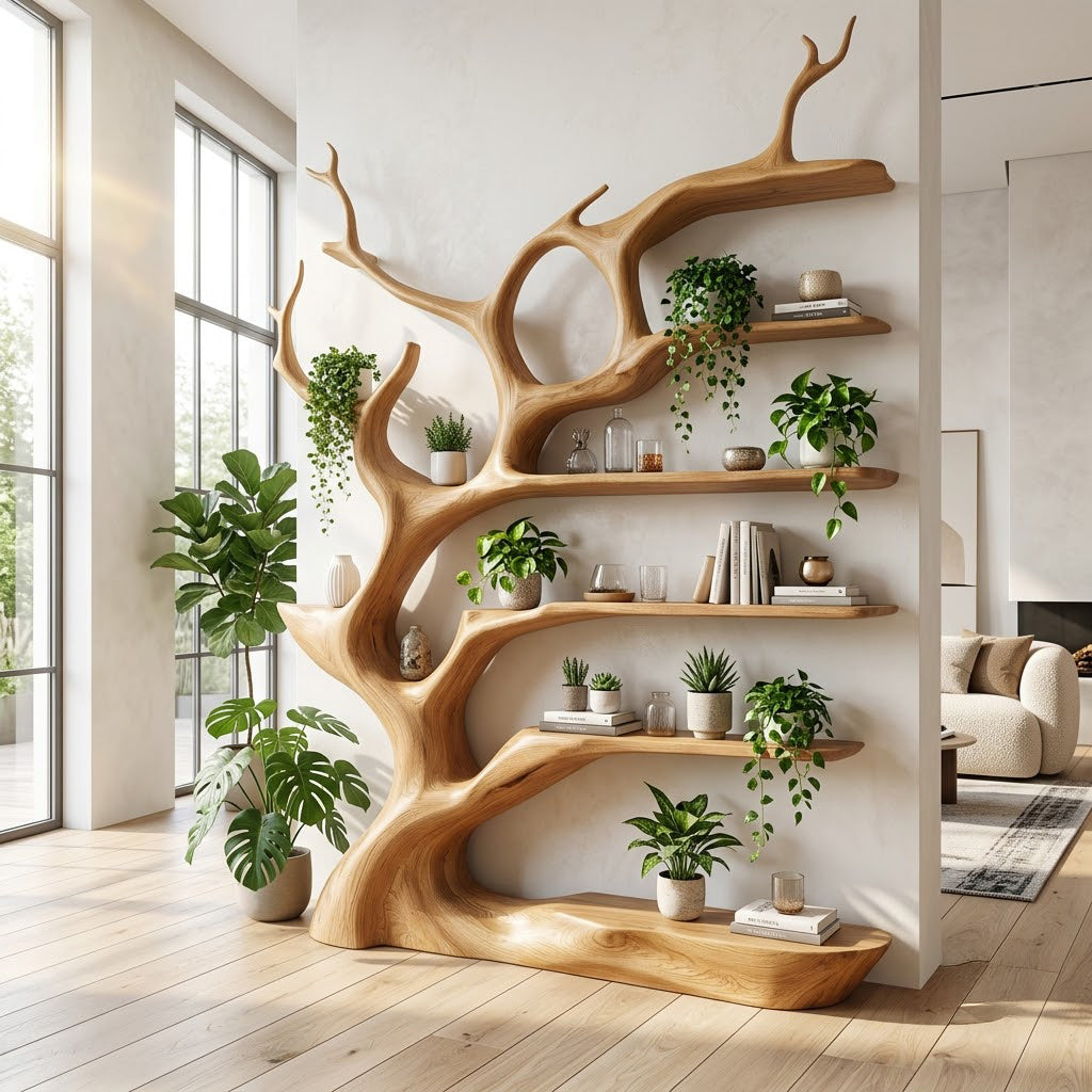 Branching canopy solid wood wine display featured in an elegant contemporary interior