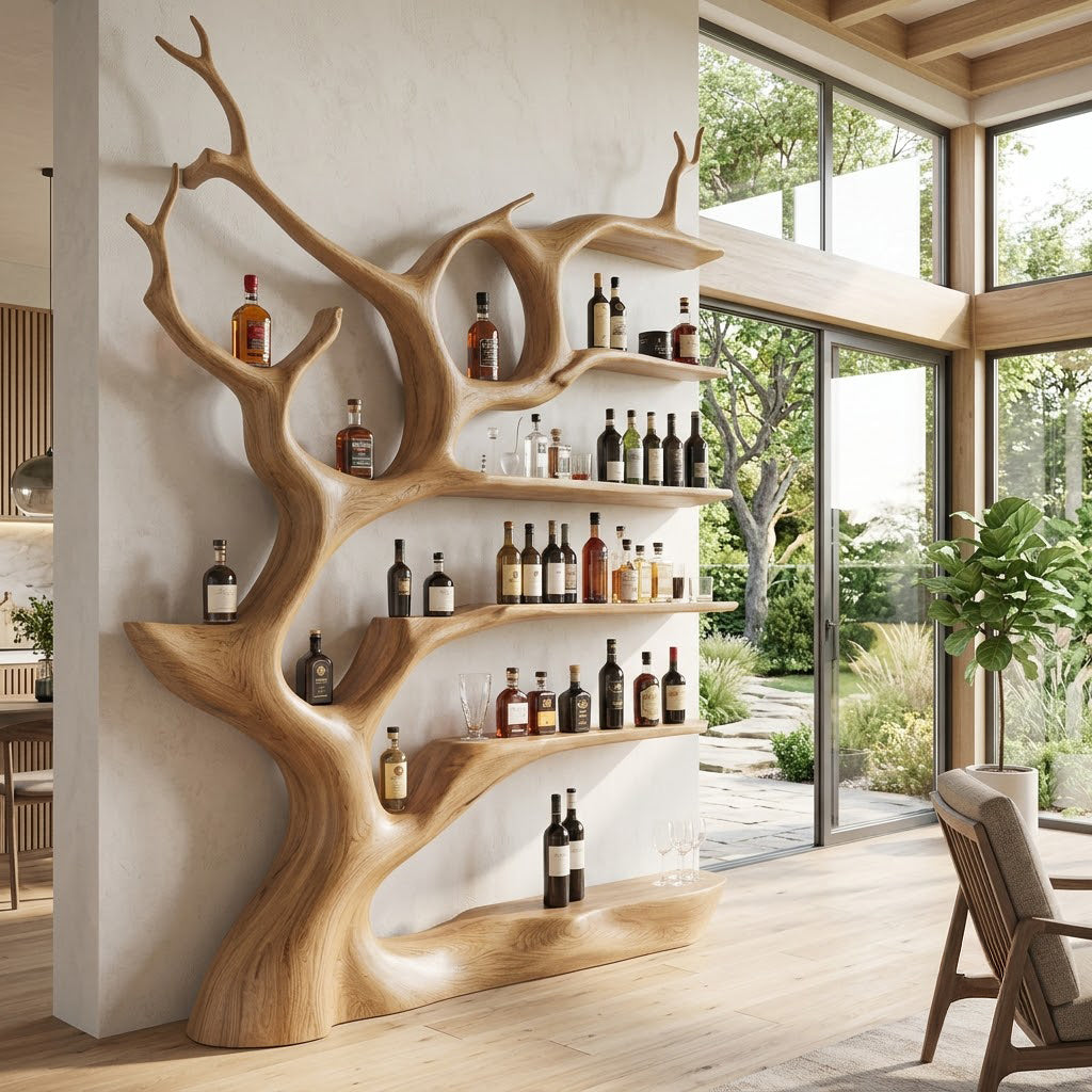Sculptural solid wood branching canopy wine shelf displayed in an elegant dining space