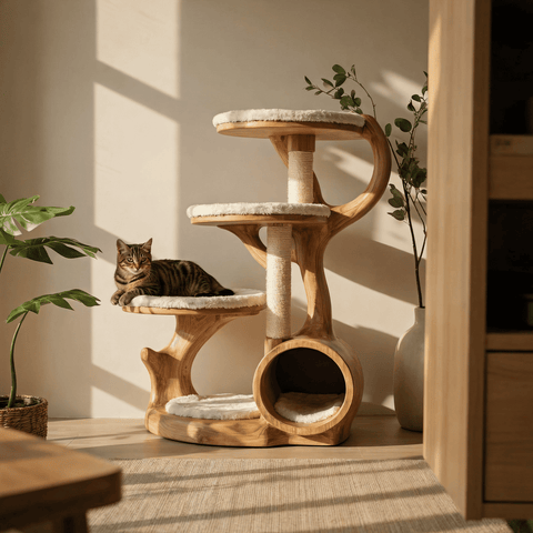 Hollow tunnel cave cat tree in sculpted solid wood