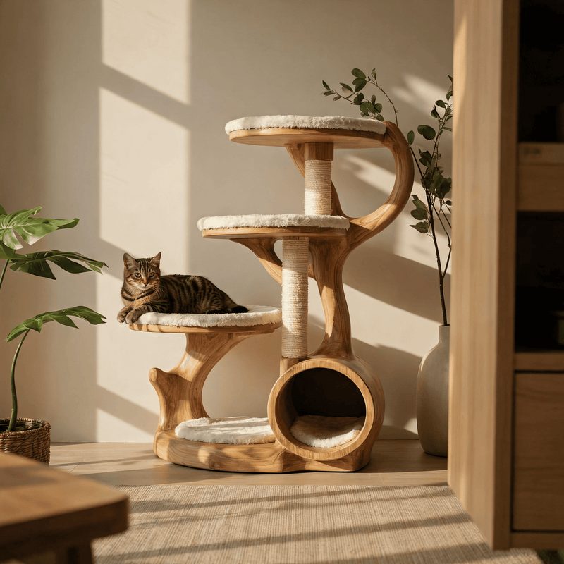 Hollow tunnel cave cat tree in sculpted solid wood