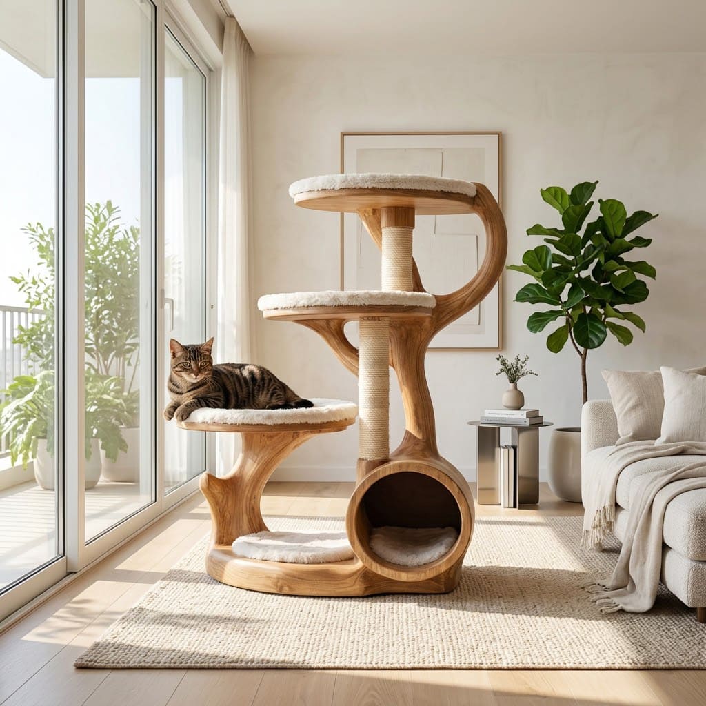 Hollow tunnel cave solid wood cat tree in a contemporary living room