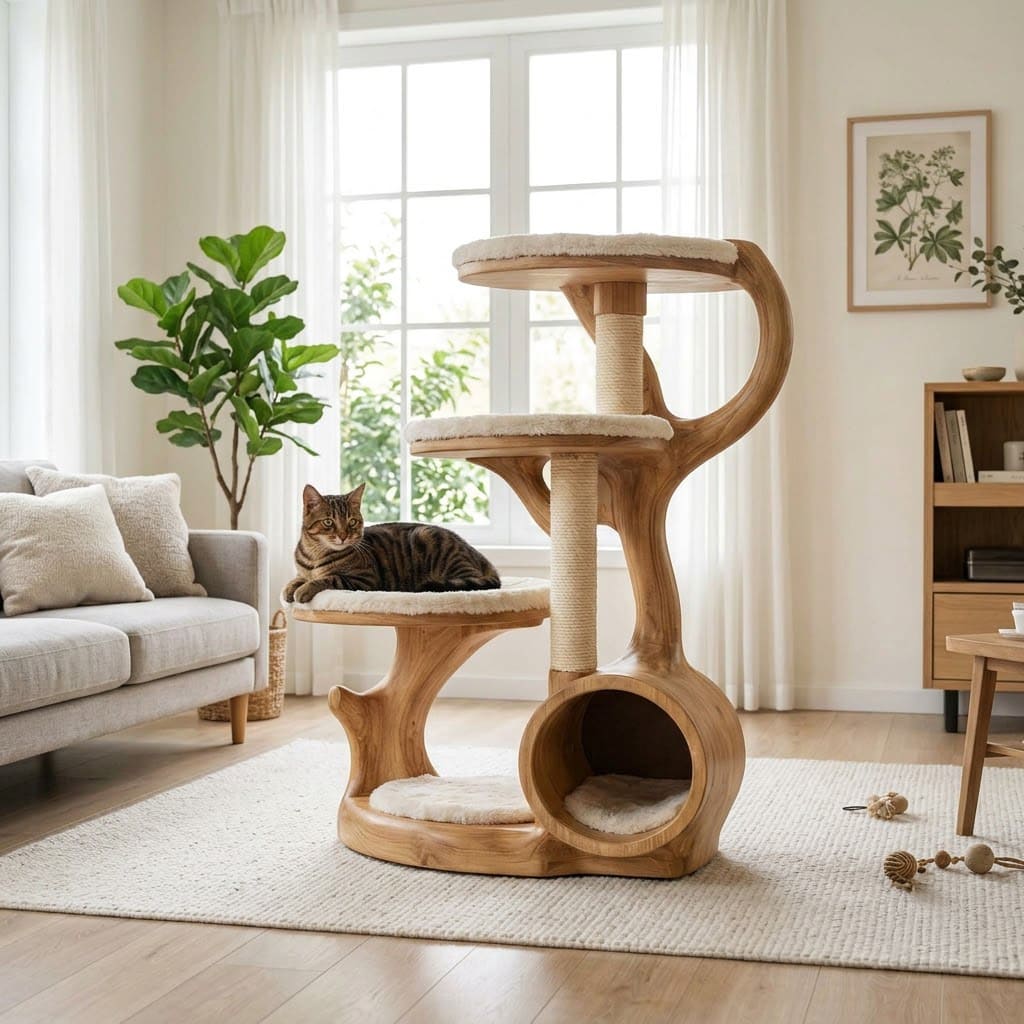 Sculpted solid wood cat tower with sisal scratching posts in a modern pet space