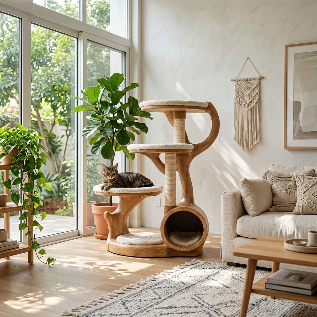 Organic solid wood cat tree with enclosed tunnel cave in a minimalist home
