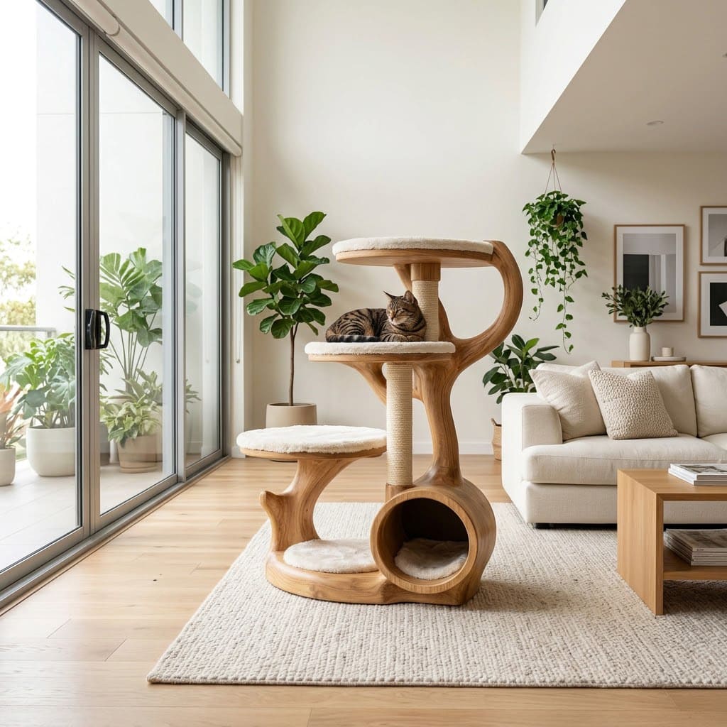 Sculptural solid wood scratching tower enhancing a contemporary living space