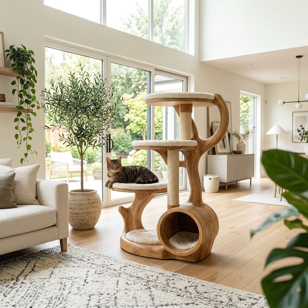 Hollow cave solid wood cat tree showcased as a statement pet furniture piece
