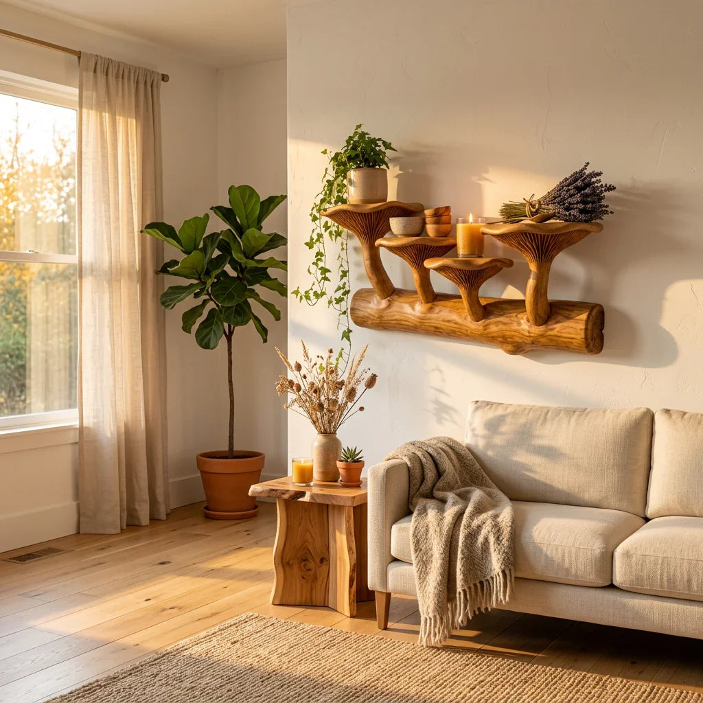 Horizontal Log Mushroom Wall Shelf with 5 Upright Mushroom Stands - Handcrafted Solid Wood Floating Shelf with Carved Gill Detail on Natural Branch Base - Ashdeco 2026