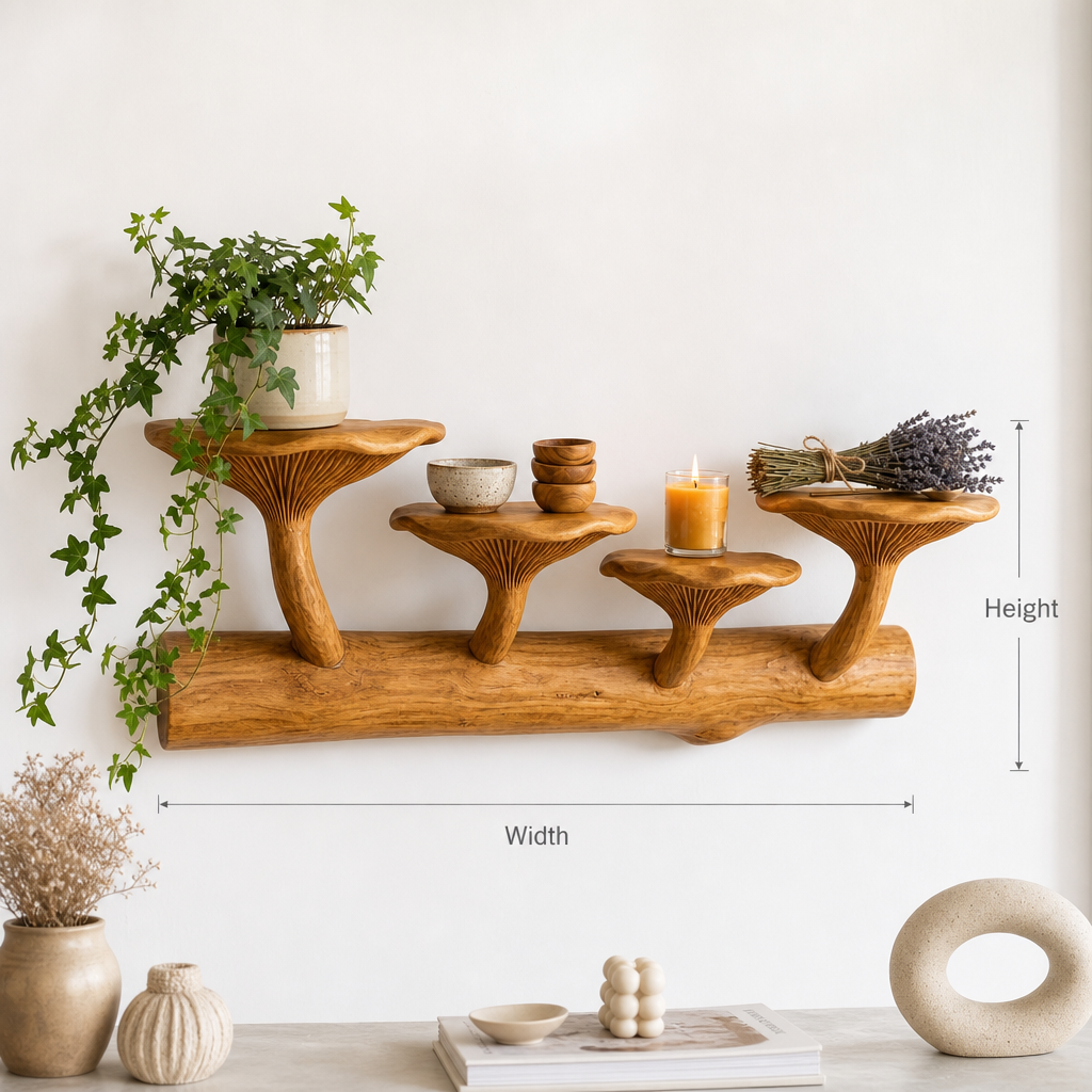 Horizontal Log Mushroom Wall Shelf with 5 Upright Mushroom Stands - Handcrafted Solid Wood Floating Shelf with Carved Gill Detail on Natural Branch Base