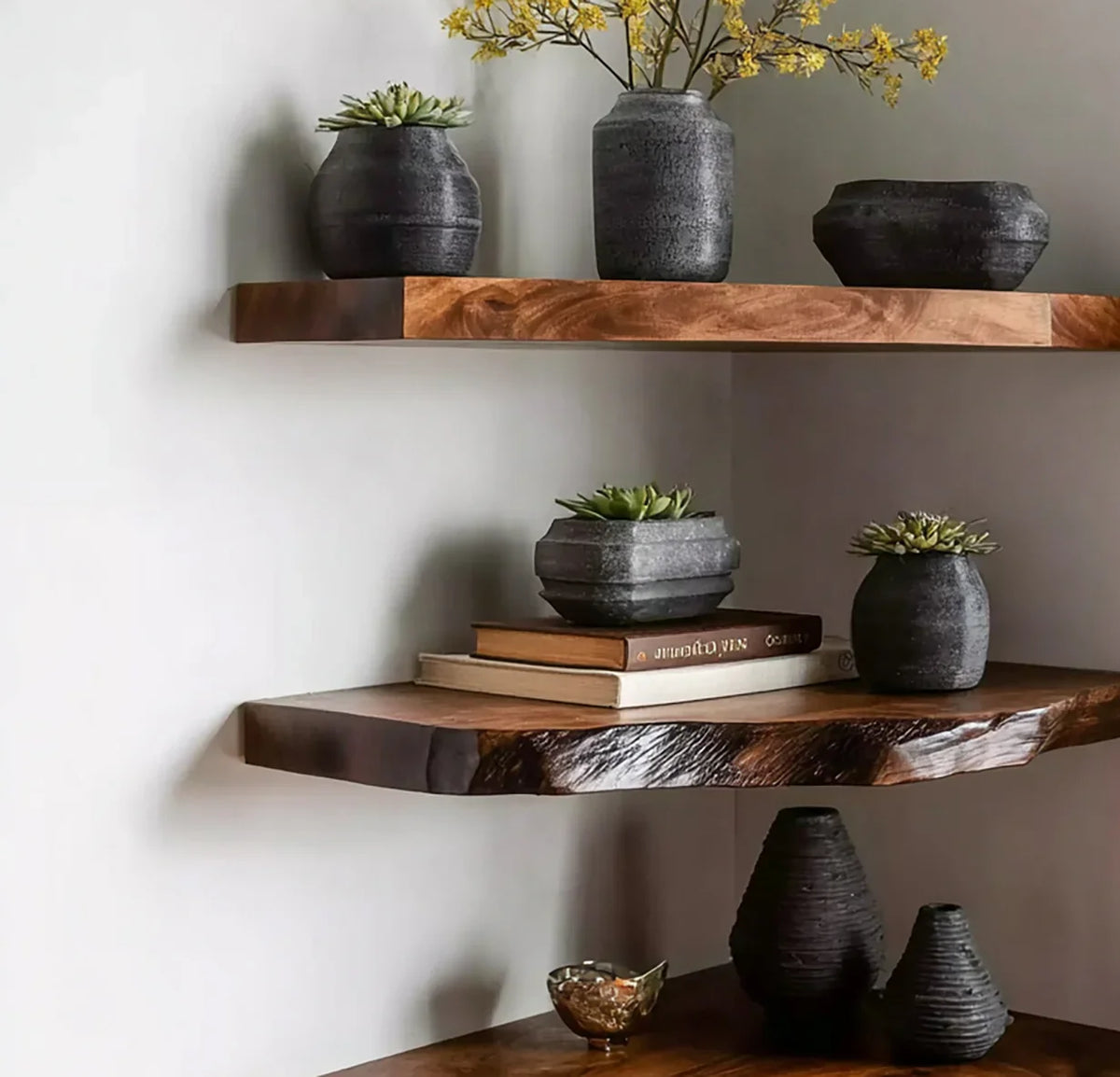 floating shelf succulents Solid Wood Corner Floating Shelf – Rustic Live Edge Wall Decor