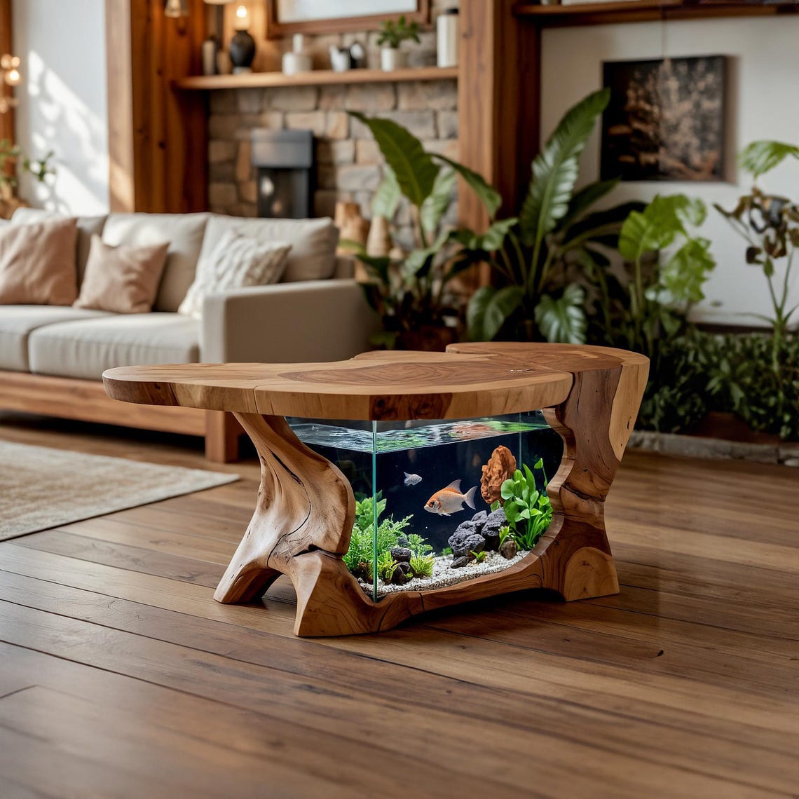 Rustic Style Luxury Wooden Coffee Table With Built-In Aquarium For Living Room And Home Office SITHTAM001