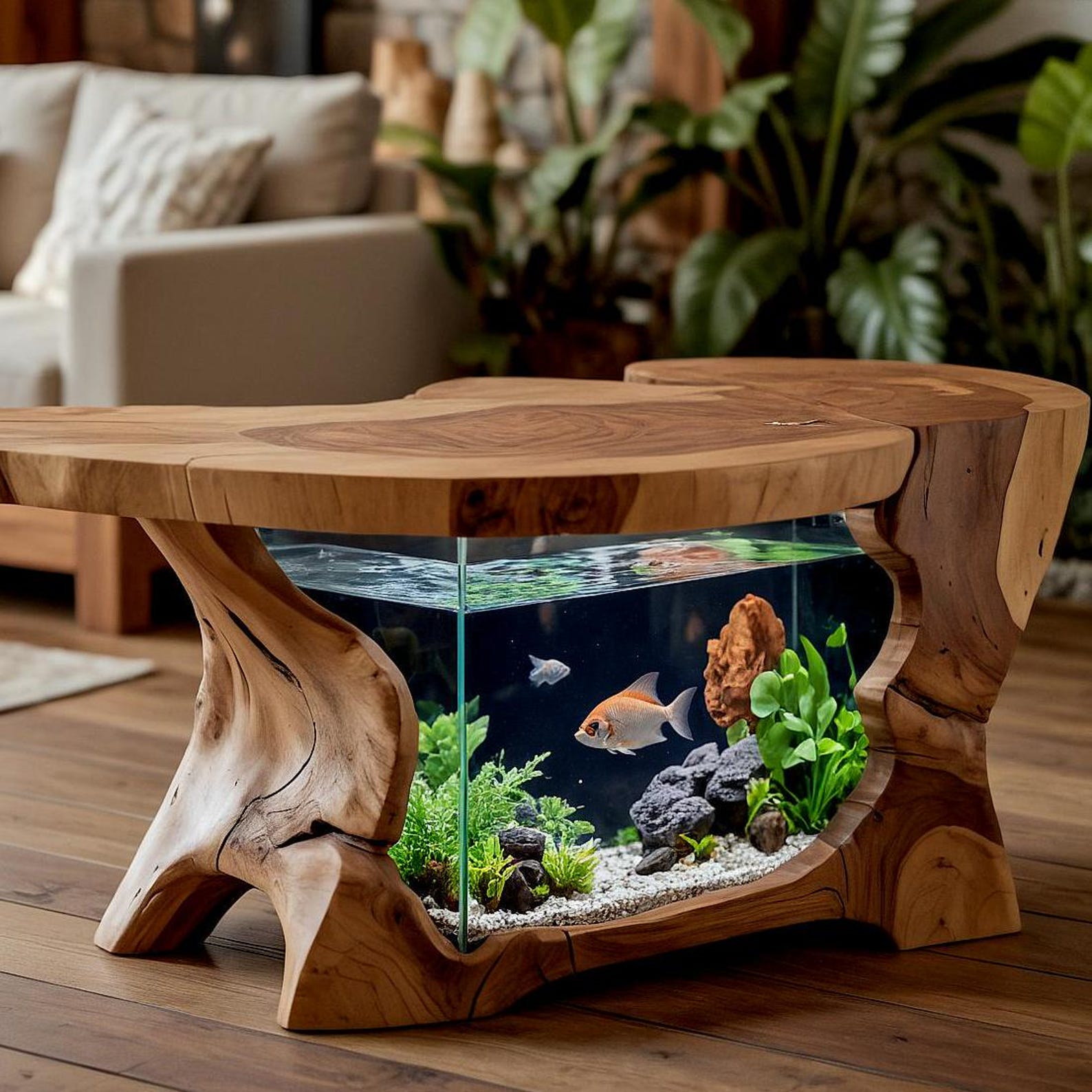 Rustic Style Luxury Wooden Coffee Table With Built-In Aquarium For Living Room And Home Office SITHTAM001
