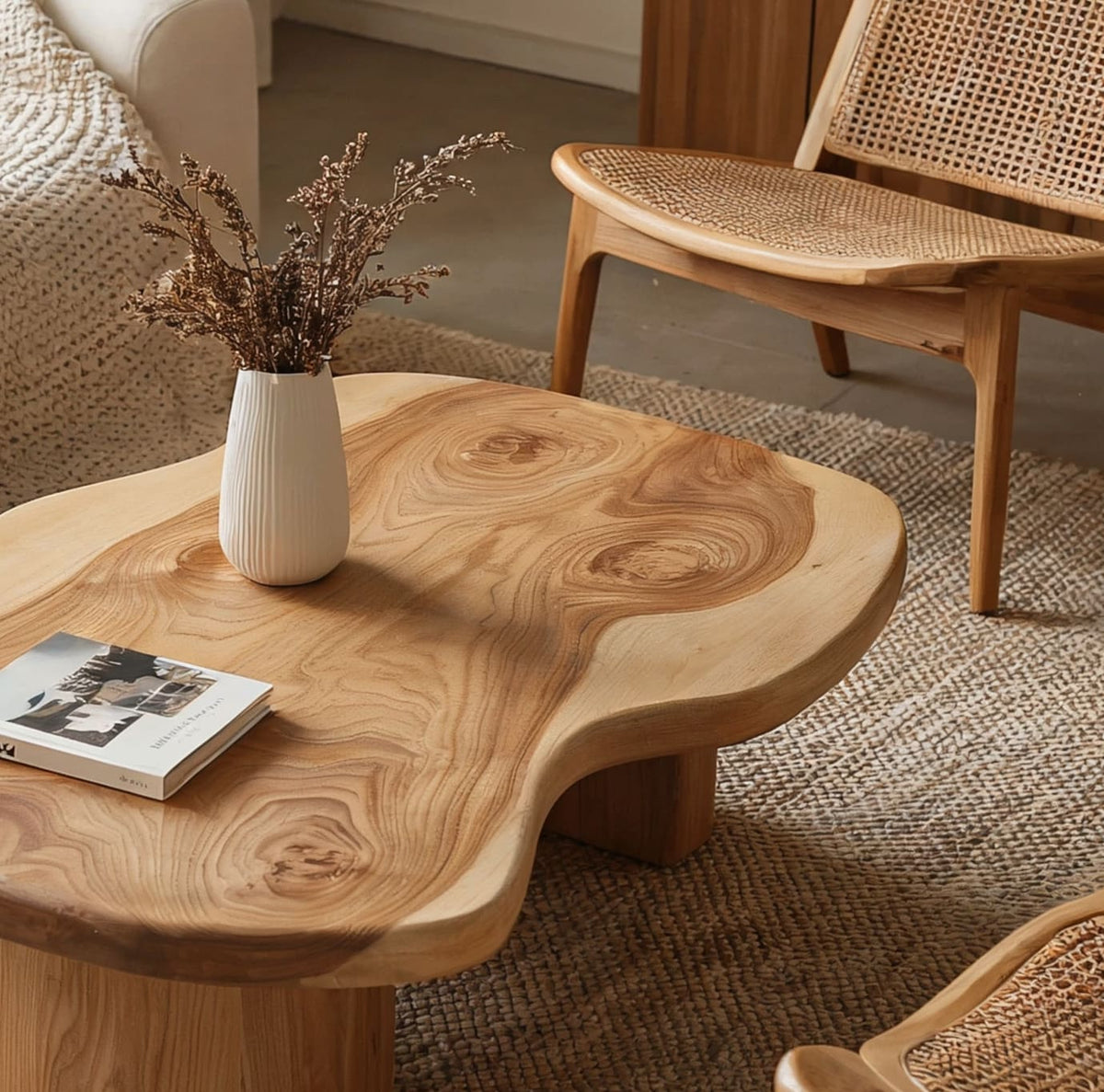 Organic modern live edge coffee table featuring an irregular solid wood silhouette