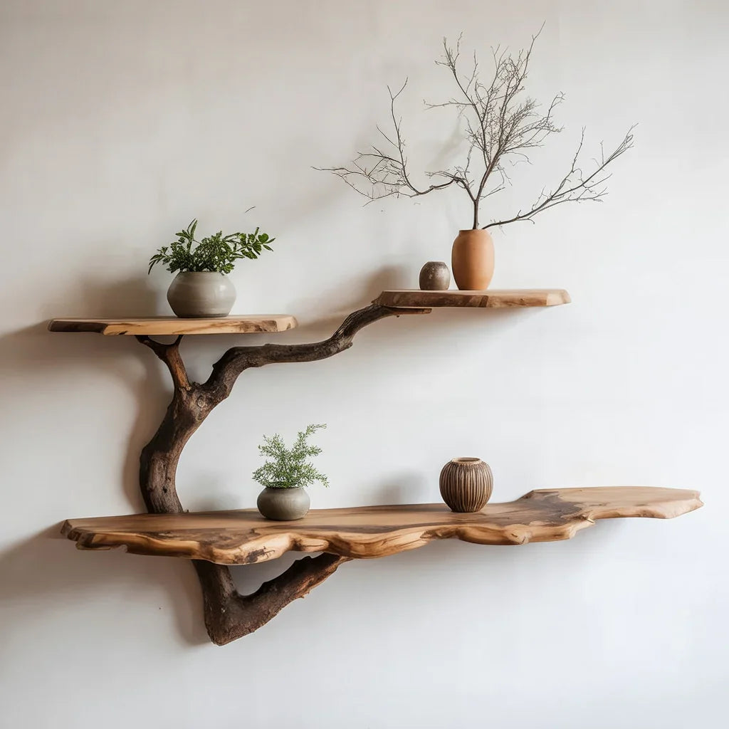 Live edge floating shelves with natural wood branches, decorated with vases and plants
