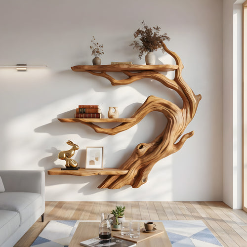 Japandi Live-Edge Bonsai Branch Wall Shelf - Sculptural 3-Tier Art Display