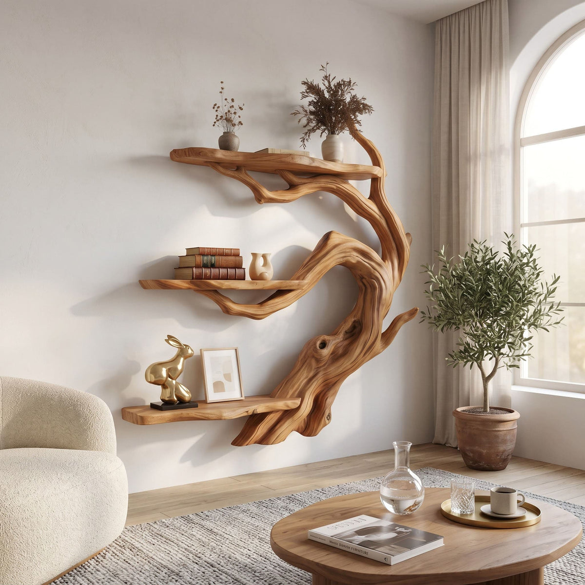 Japandi solid wood bonsai branch wall shelf styled with ceramics in a minimalist living room