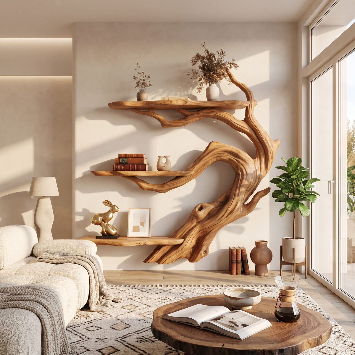 Contemporary solid timber live edge branch shelf mounted in a serene living room