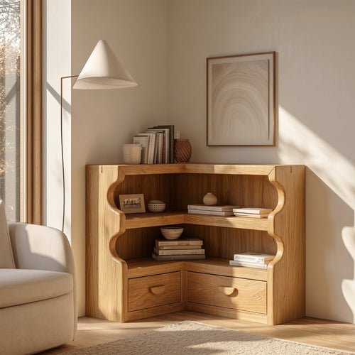 Japandi Scalloped Solid Wood Corner Bookshelf - Wavy Low Storage Credenza & Display