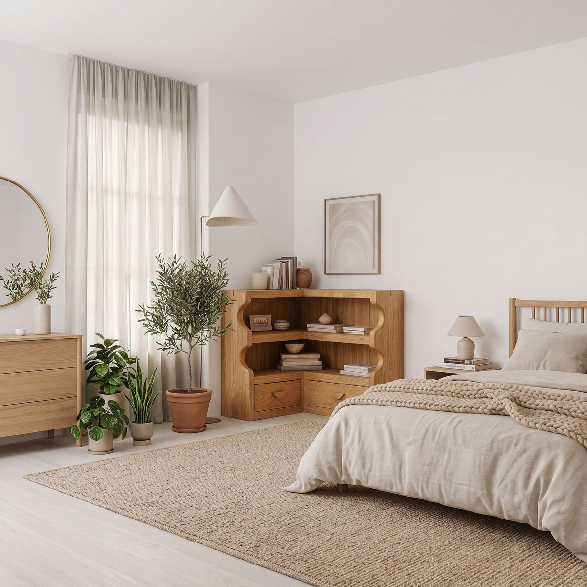 Organic solid wood corner bookshelf with low display storage in a modern bedroom