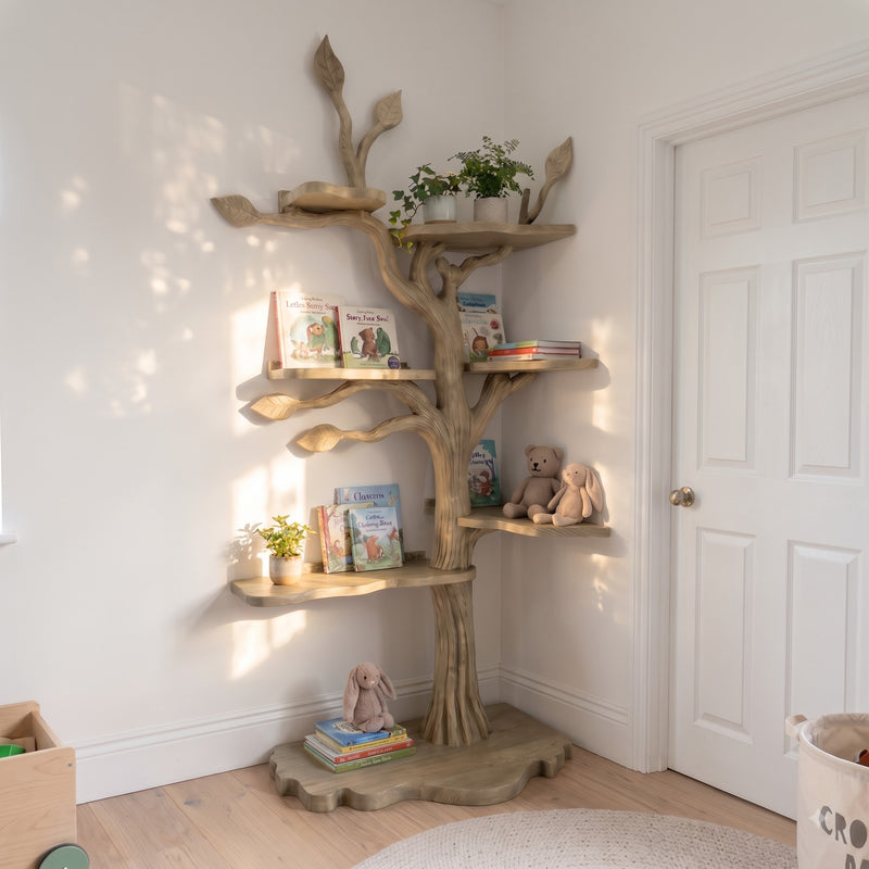 Kids Tree Bookshelf – Natural Wood Tree-Shaped Corner Shelf